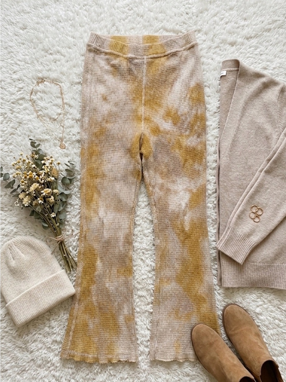 Tie-Dye Waffle Knit Flare Lounge Pants in Mustard & Beige